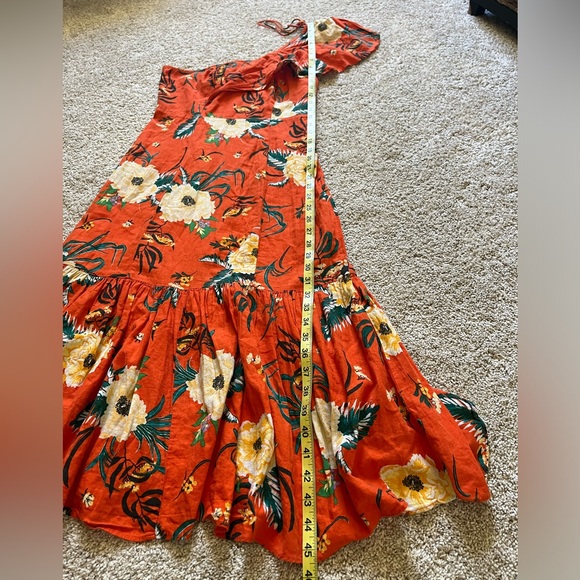 Urban Outfitters Carmen Linen One Shoulder Ruffle Midi Dress Orange S Floral - Picture 8 of 10